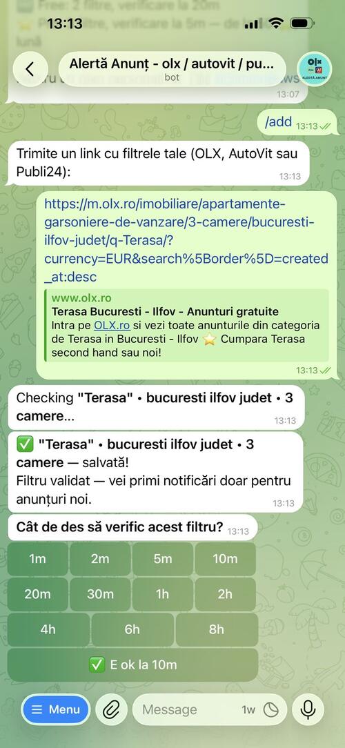 AlertaAnunt - ecran de start cu comenzile disponibile