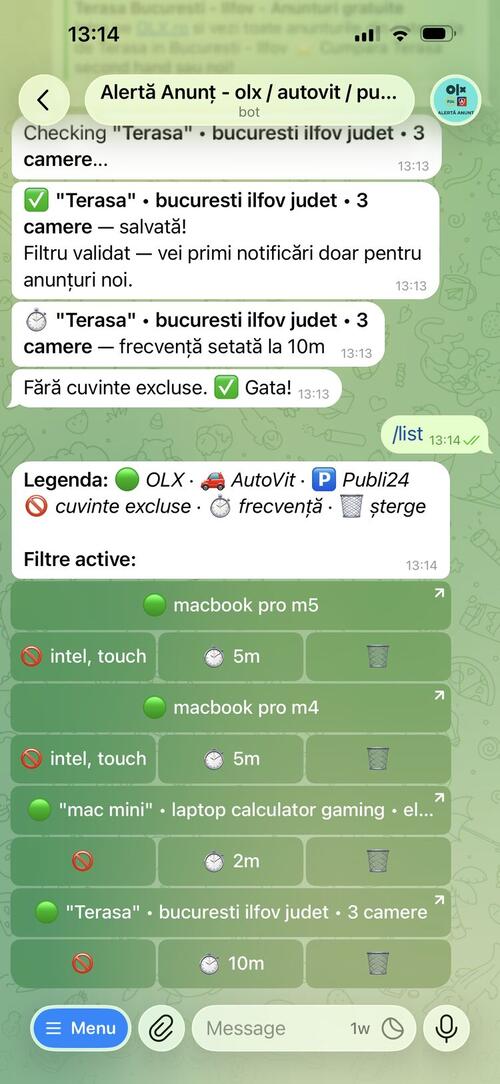 AlertaAnunt - adaugare filtru nou cu link OLX